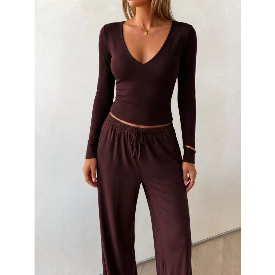 V-Neck Long Sleeve Top and Wide-Leg Pants Set Apparel and Accessories