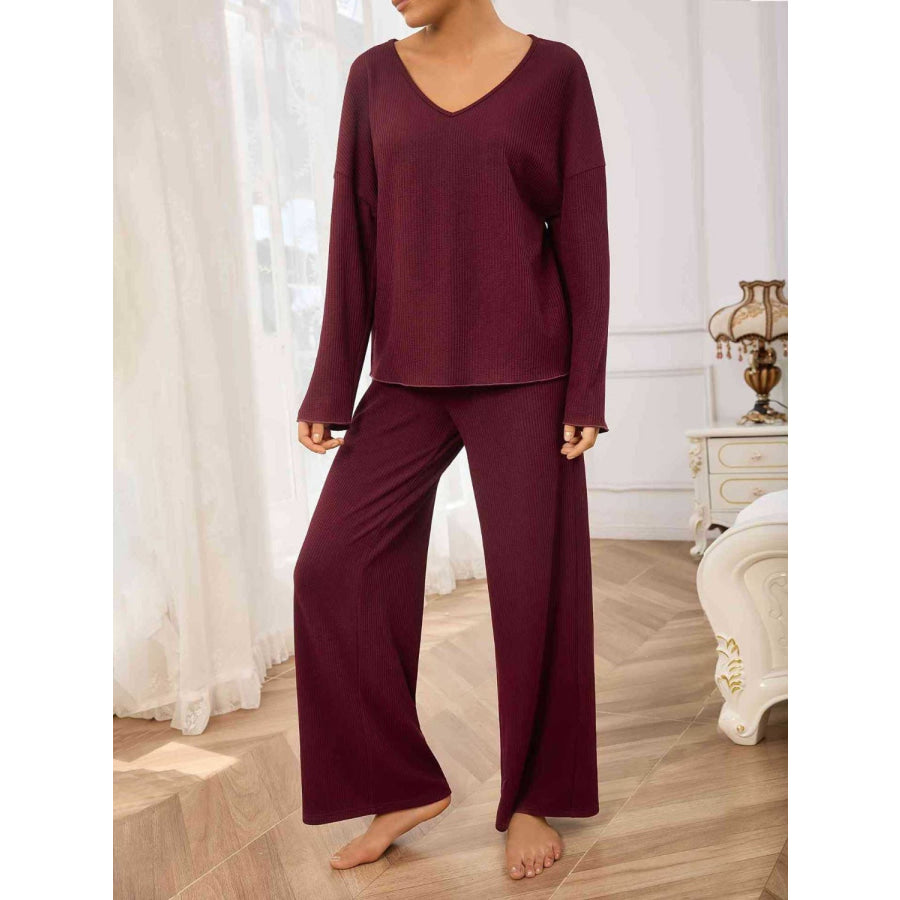 V-Neck Long Sleeve Top and Wide Leg Pants Set Apparel and Accessories