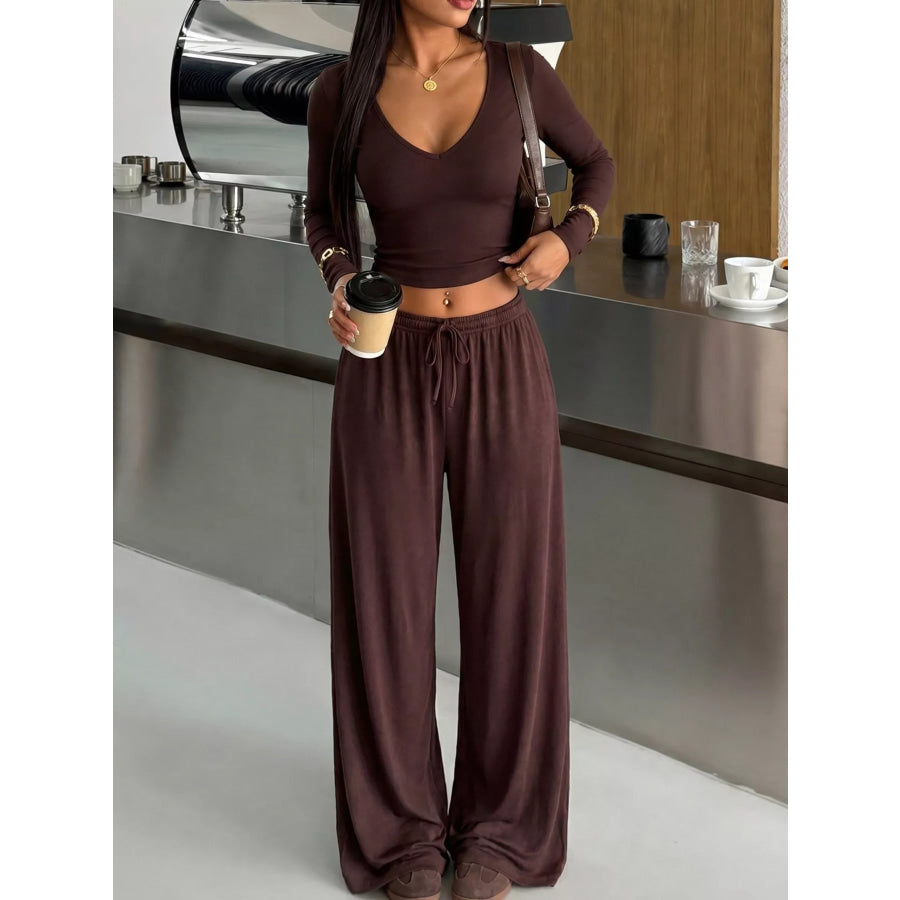 V-Neck Long Sleeve Top and Wide-Leg Pants Set Apparel and Accessories