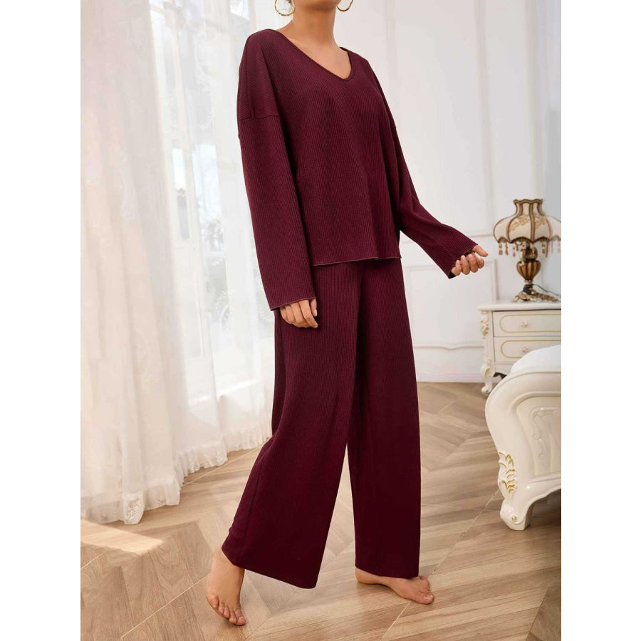 V-Neck Long Sleeve Top and Wide Leg Pants Set Apparel and Accessories