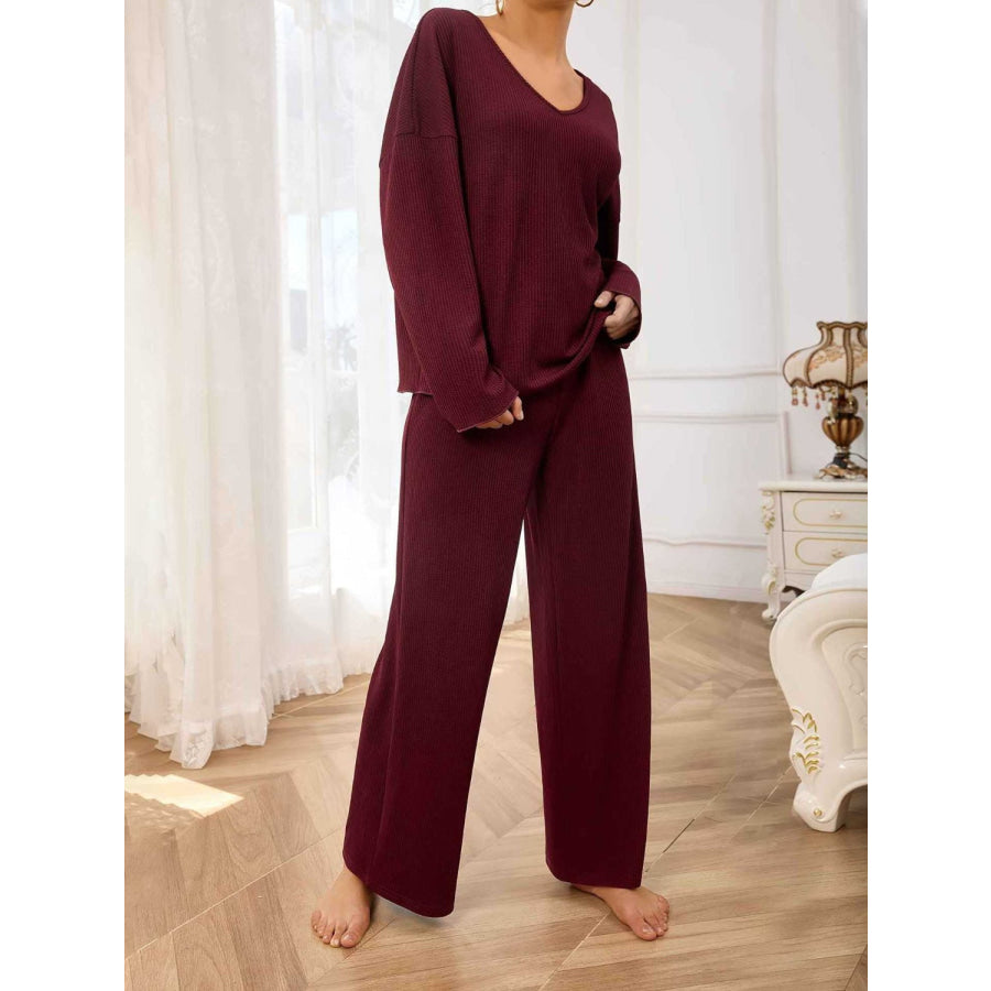 V-Neck Long Sleeve Top and Wide Leg Pants Set Apparel and Accessories