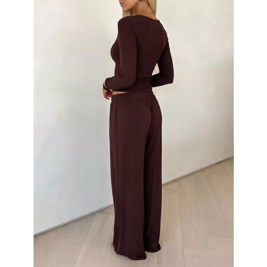 V-Neck Long Sleeve Top and Wide-Leg Pants Set Apparel and Accessories