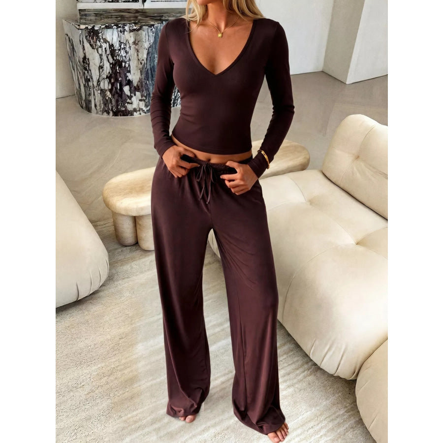 V-Neck Long Sleeve Top and Wide-Leg Pants Set Apparel and Accessories