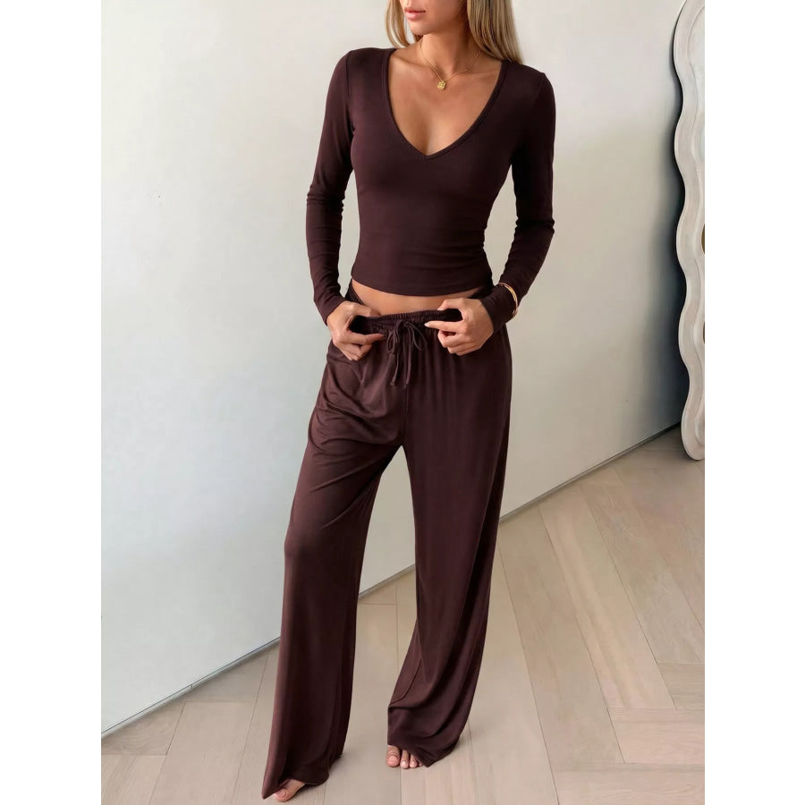 V-Neck Long Sleeve Top and Wide-Leg Pants Set Brown / S Apparel and Accessories