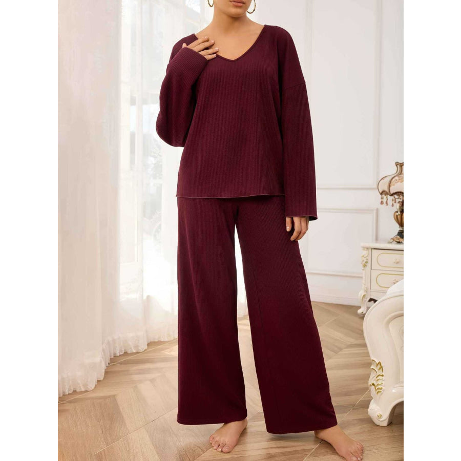 V-Neck Long Sleeve Top and Wide Leg Pants Set Burgundy / S Apparel and Accessories