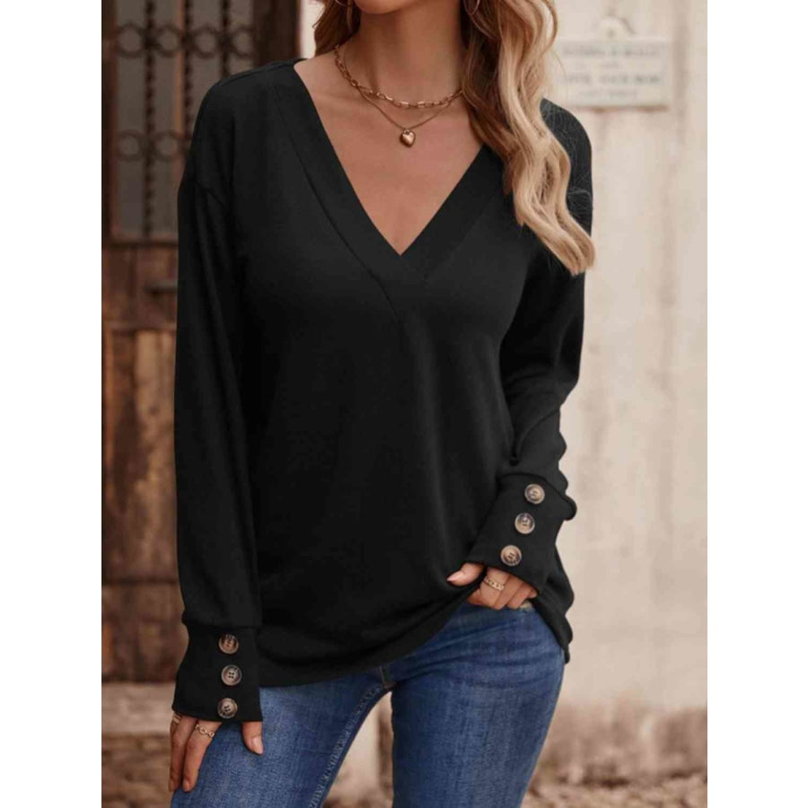 V-Neck Long Sleeve Top Black / S