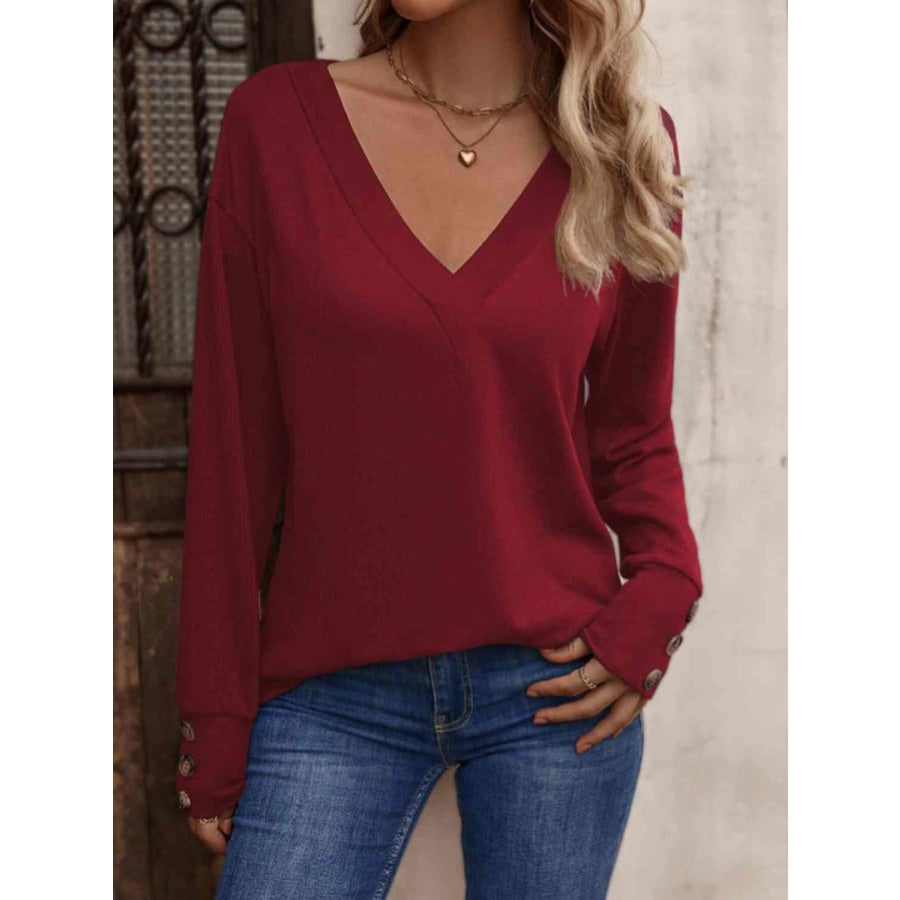 V-Neck Long Sleeve Top Brick Red / S