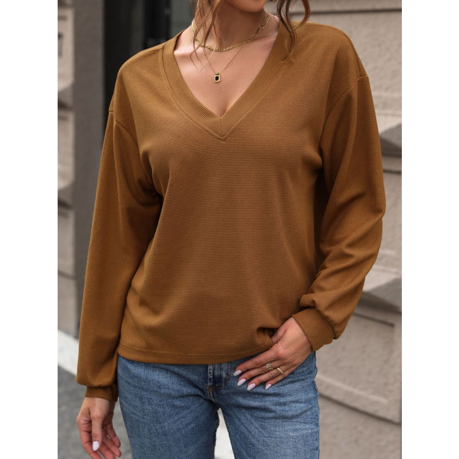 V-Neck Long Sleeve Top Caramel / S Apparel and Accessories