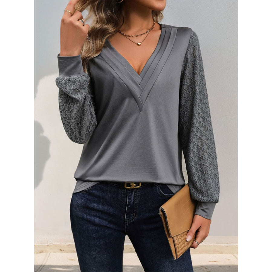 V-Neck Long Sleeve Top Dark Gray / S Apparel and Accessories