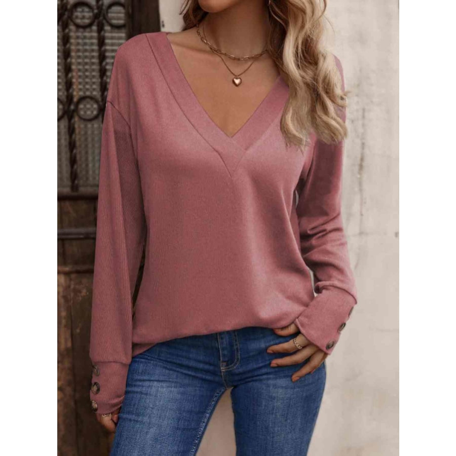 V-Neck Long Sleeve Top Dusty Pink / S