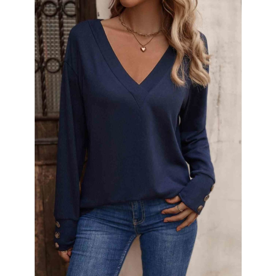 V-Neck Long Sleeve Top French Blue / S