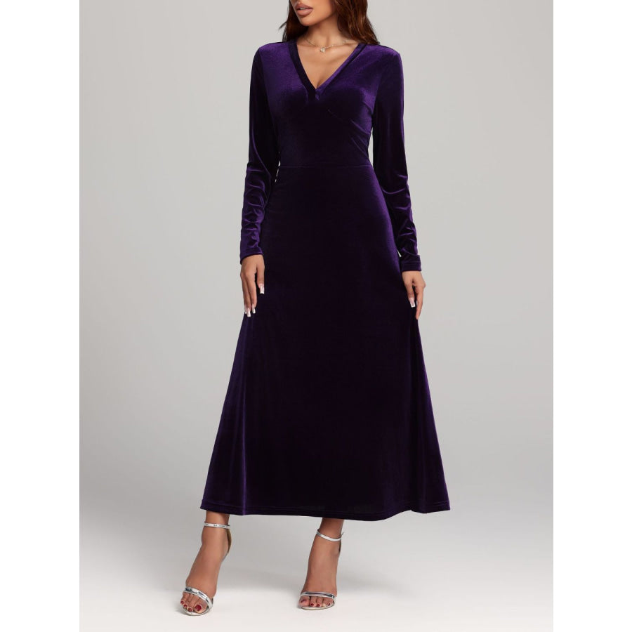 V-Neck Long Sleeve Velvet Dress Apparel and Accessories