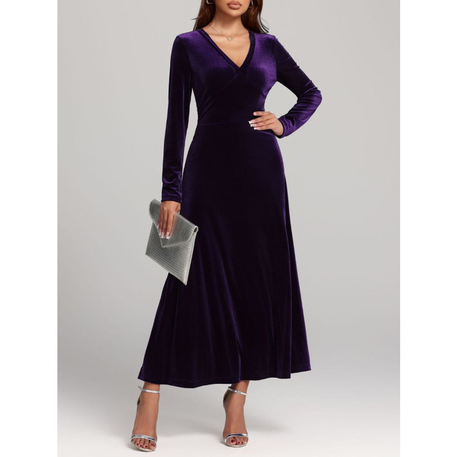 V-Neck Long Sleeve Velvet Dress Violet / S Apparel and Accessories