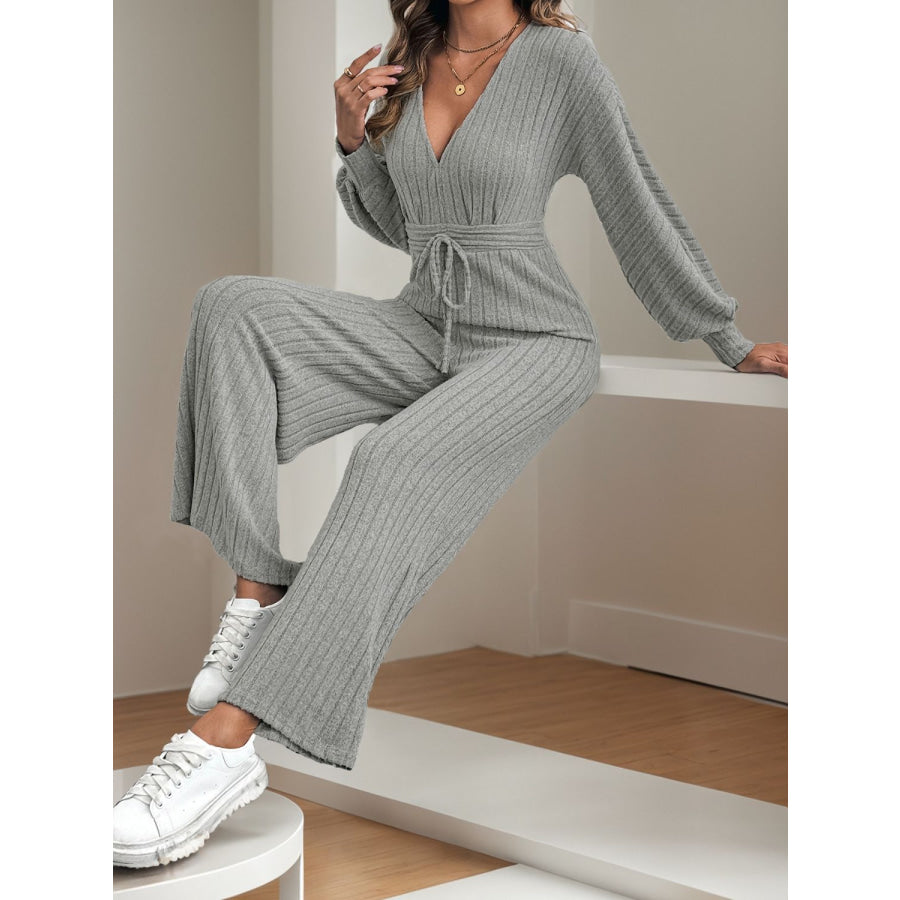 V-Neck Long Sleeve Wide Leg Jumpsuit Apparel and Accessories