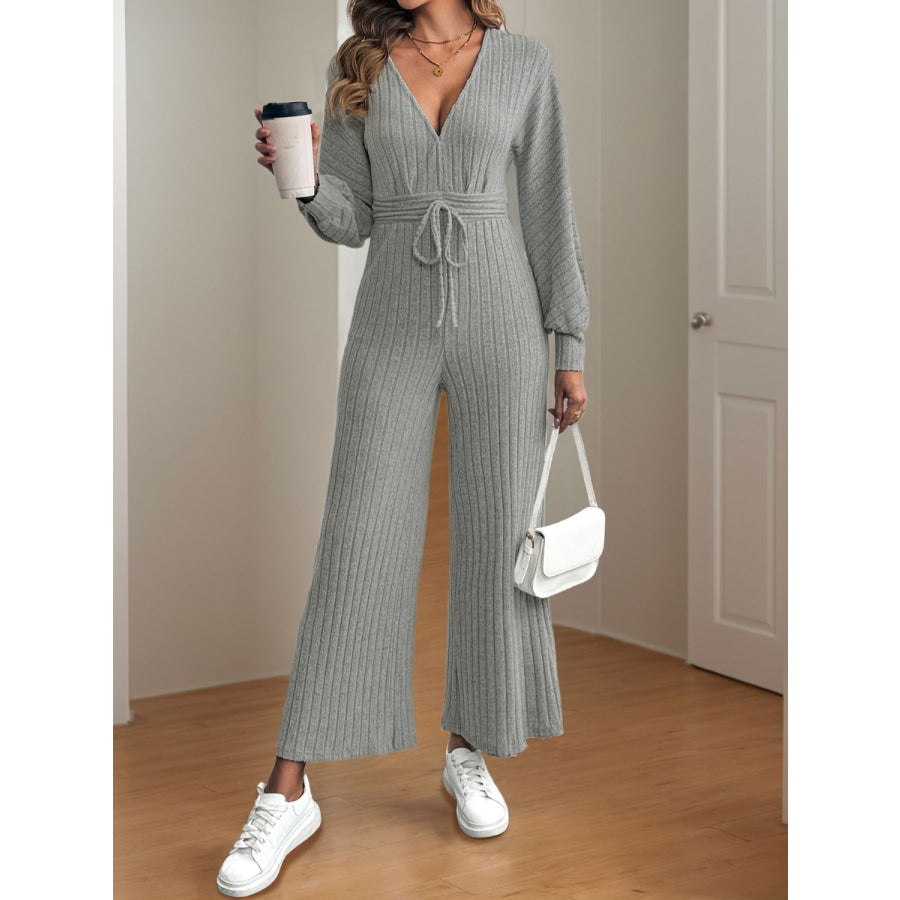 V-Neck Long Sleeve Wide Leg Jumpsuit Apparel and Accessories