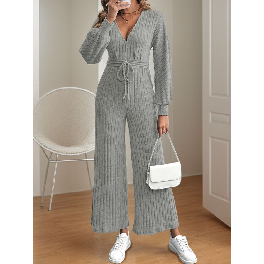 V-Neck Long Sleeve Wide Leg Jumpsuit Apparel and Accessories