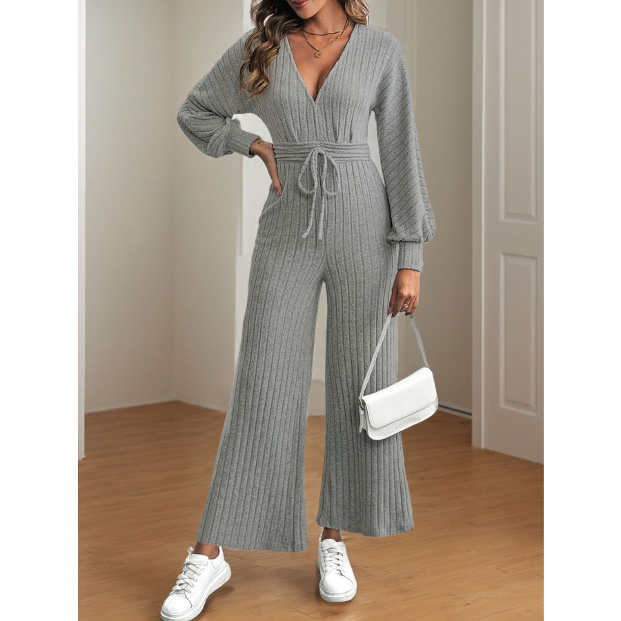 V-Neck Long Sleeve Wide Leg Jumpsuit Apparel and Accessories