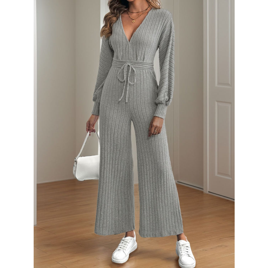 V-Neck Long Sleeve Wide Leg Jumpsuit Gray / S Apparel and Accessories