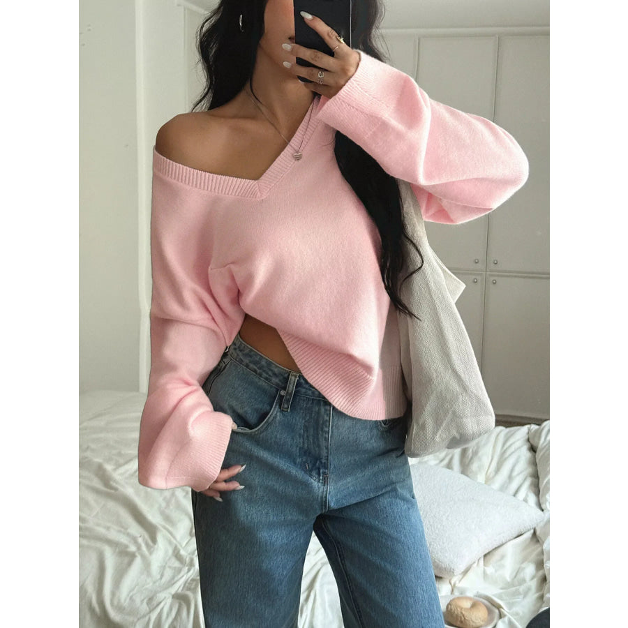 V-Neck Loose Fit Sweater Blush Pink / S Apparel and Accessories