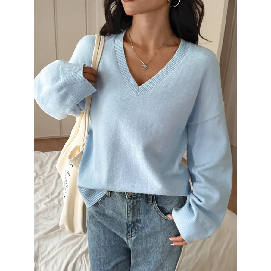 V-Neck Loose Fit Sweater Light Blue / S Apparel and Accessories