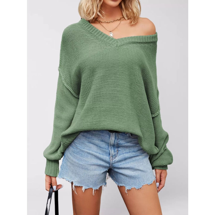 V-Neck Loose Knit Drop Shoulder Sweater Green / S Apparel and Accessories