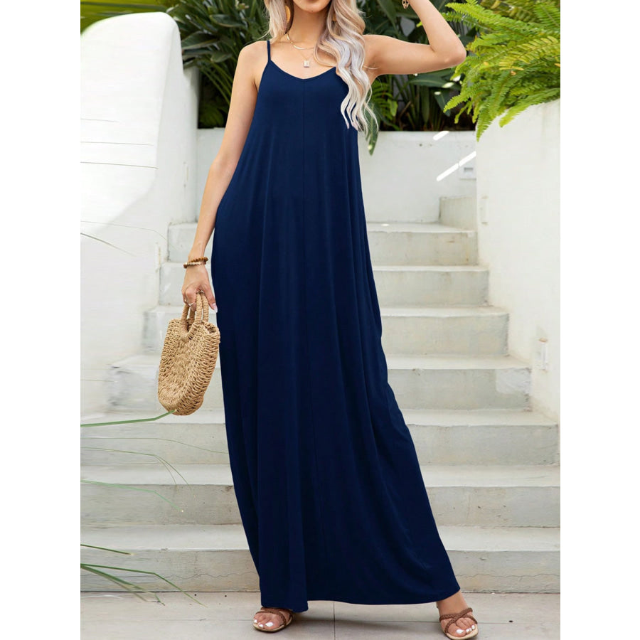 V-Neck Maxi Cami Dress with Pockets Indigo / S Apparel and Accessories