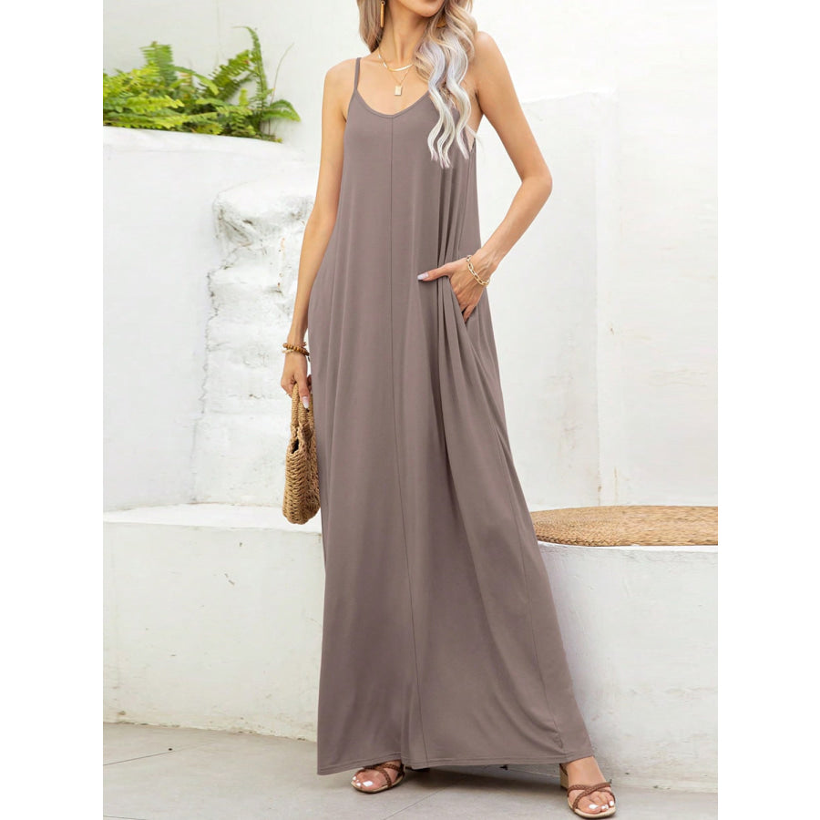 V-Neck Maxi Cami Dress with Pockets Mocha / S Apparel and Accessories