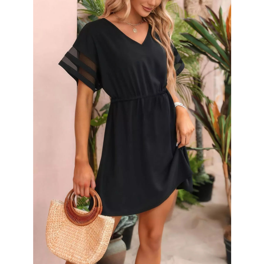 V-Neck Mesh Sleeve Mini Dress Apparel and Accessories