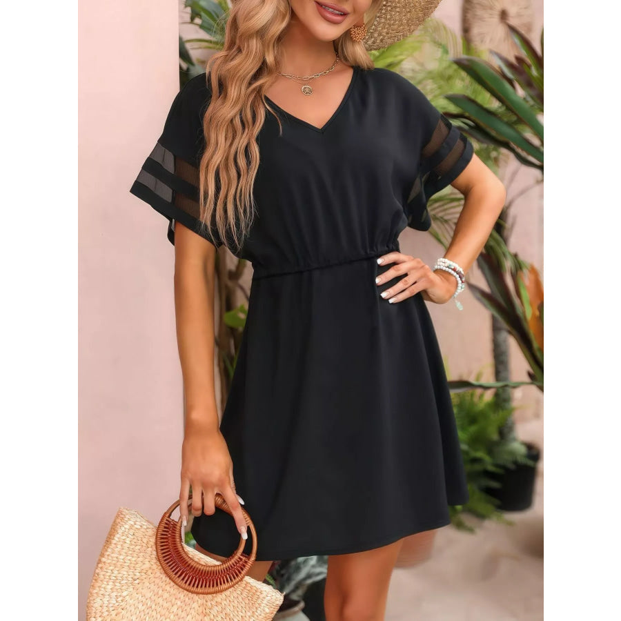 V-Neck Mesh Sleeve Mini Dress Black / S Apparel and Accessories