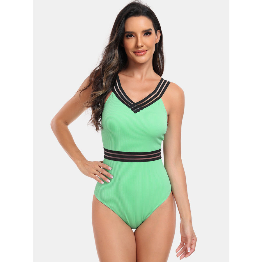 V - Neck One - Piece Swimwear Green / S Apparel and Accessories