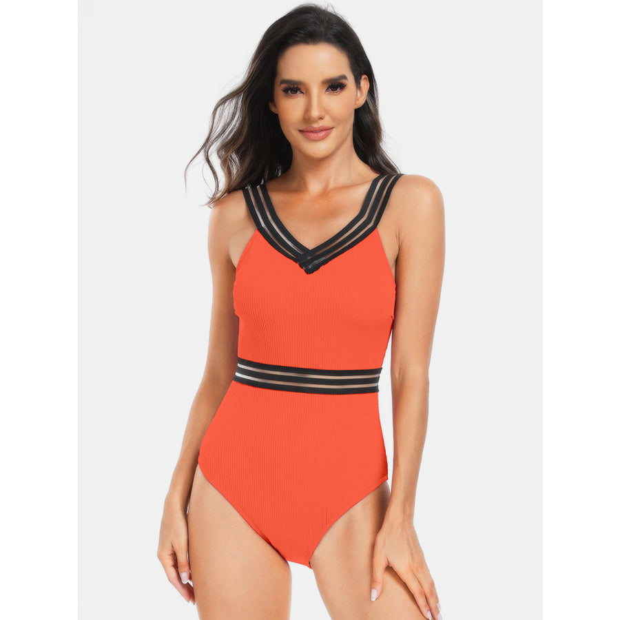 V - Neck One - Piece Swimwear Orange / S Apparel and Accessories