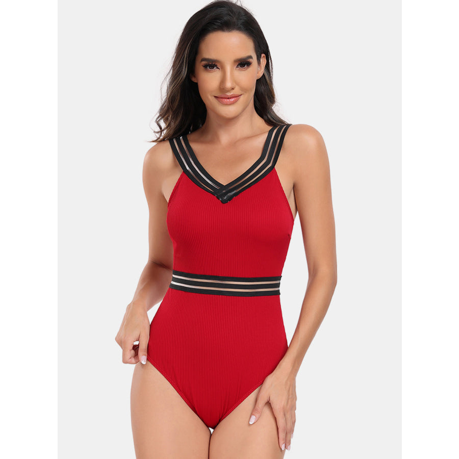 V - Neck One - Piece Swimwear Scarlet / S Apparel and Accessories