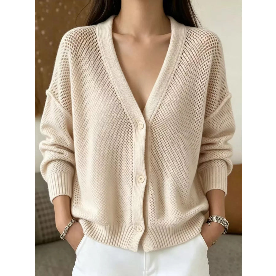 V-Neck Open-Knit Button-Down Cardigan Apparel and Accessories