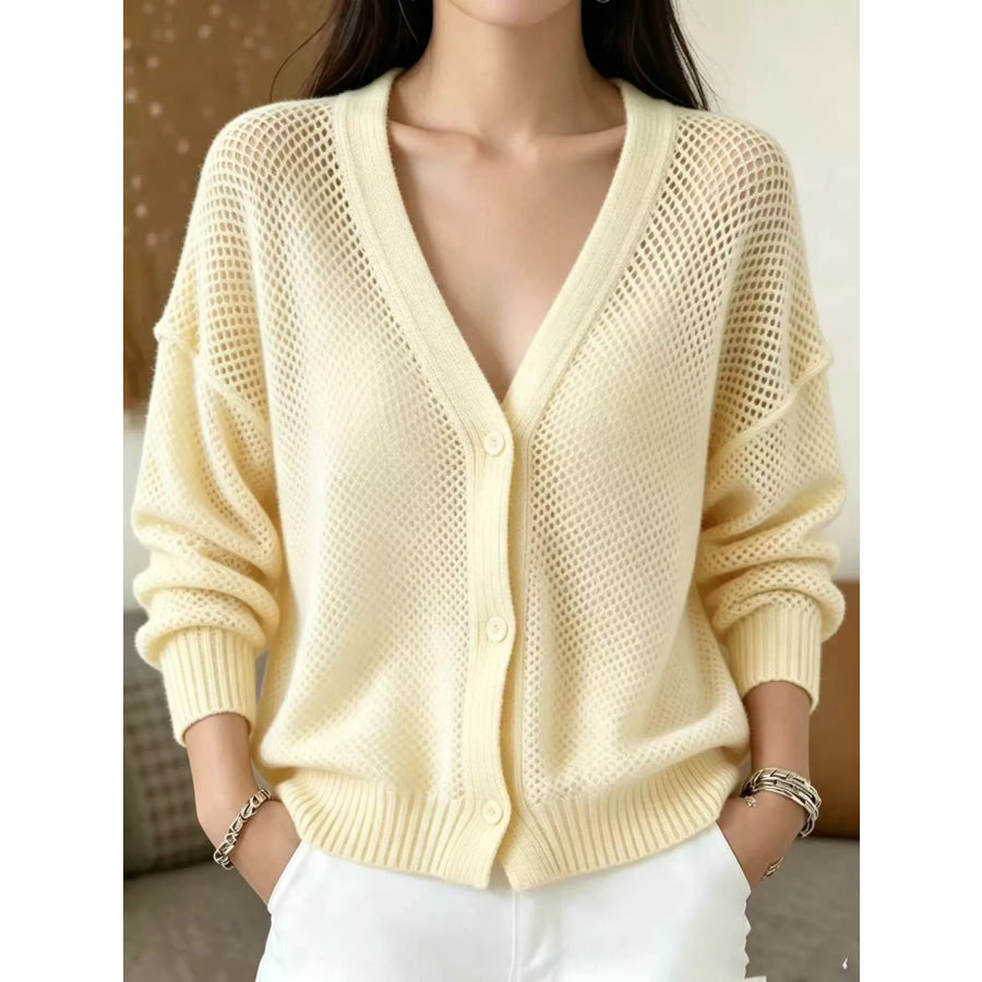 V-Neck Open-Knit Button-Down Cardigan Apparel and Accessories