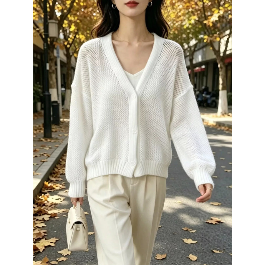 V-Neck Open-Knit Button-Down Cardigan Apparel and Accessories