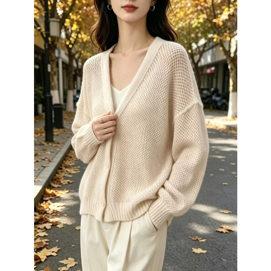V-Neck Open-Knit Button-Down Cardigan Apparel and Accessories