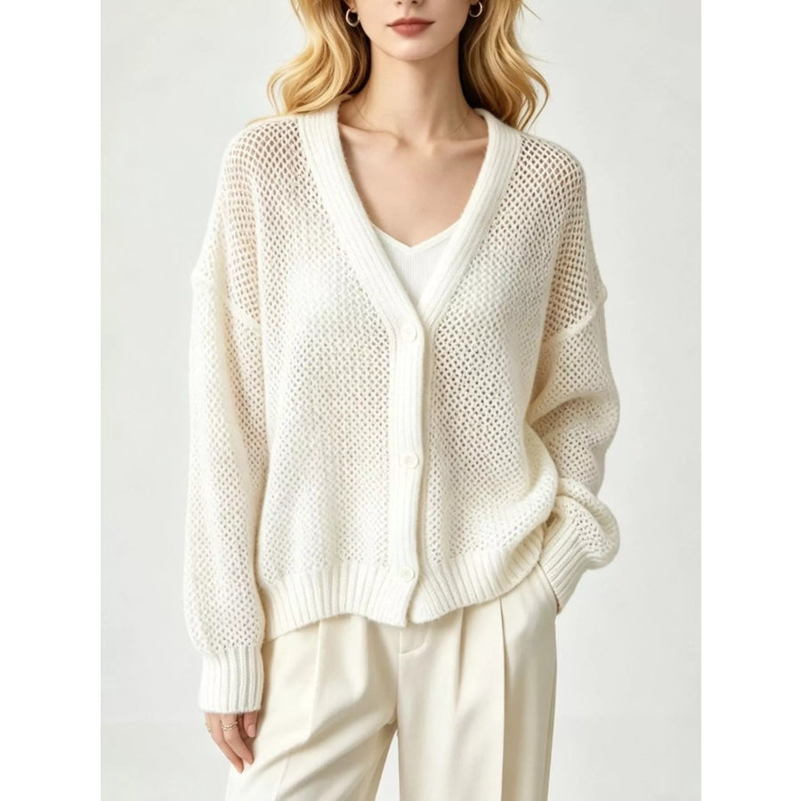 V-Neck Open-Knit Button-Down Cardigan White / S Apparel and Accessories