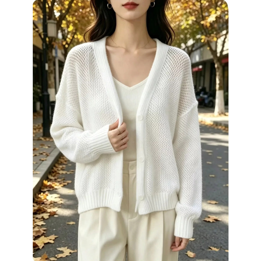 V-Neck Open-Knit Button-Down Cardigan Apparel and Accessories