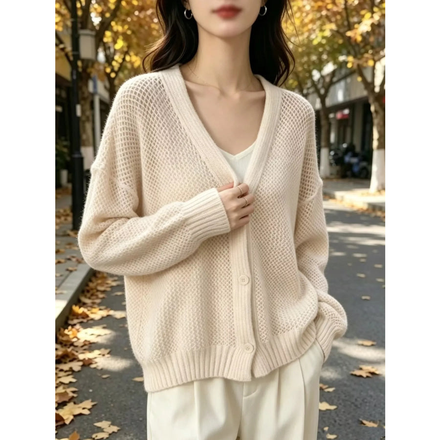 V-Neck Open-Knit Button-Down Cardigan Apparel and Accessories