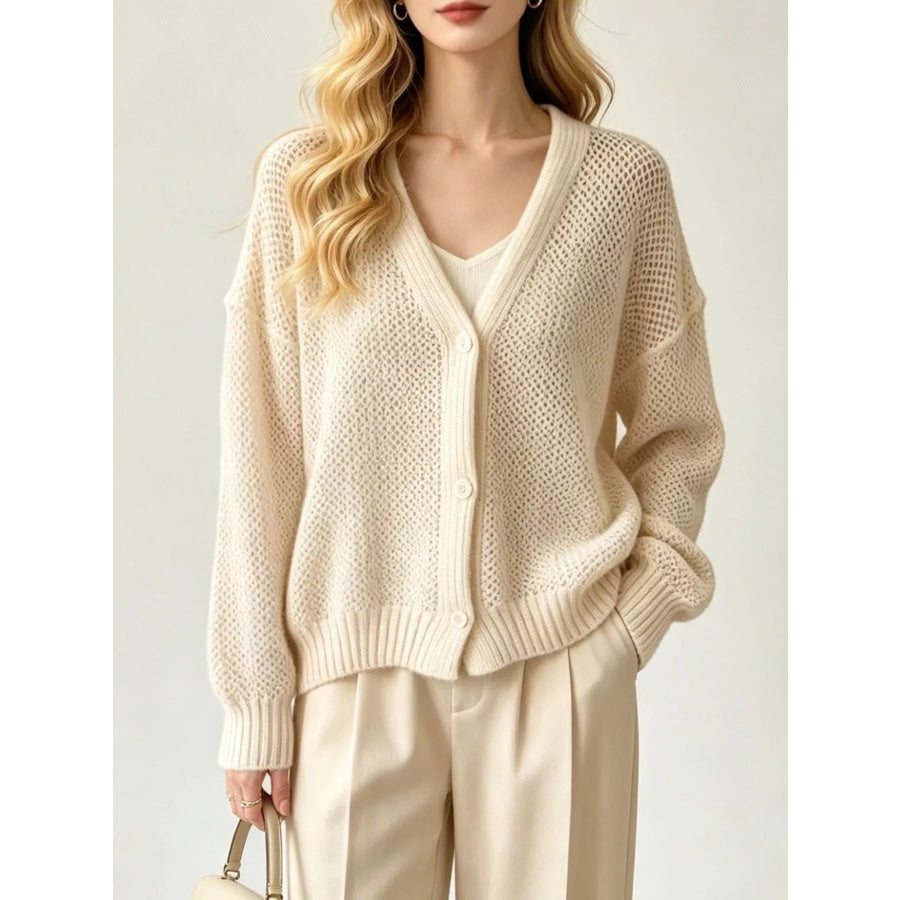 V-Neck Open-Knit Button-Down Cardigan Beige / S Apparel and Accessories