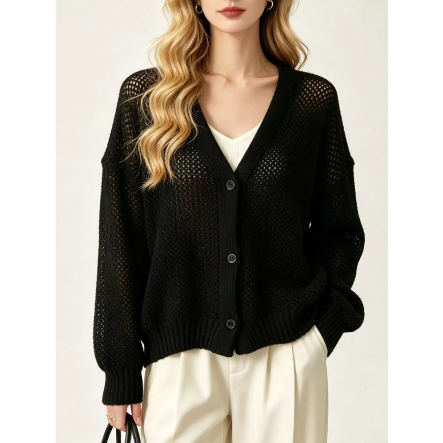 V-Neck Open-Knit Button-Down Cardigan Black / S Apparel and Accessories