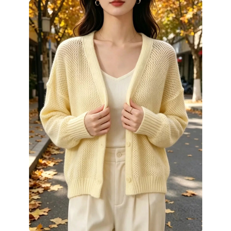 V-Neck Open-Knit Button-Down Cardigan Pastel Yellow / S Apparel and Accessories
