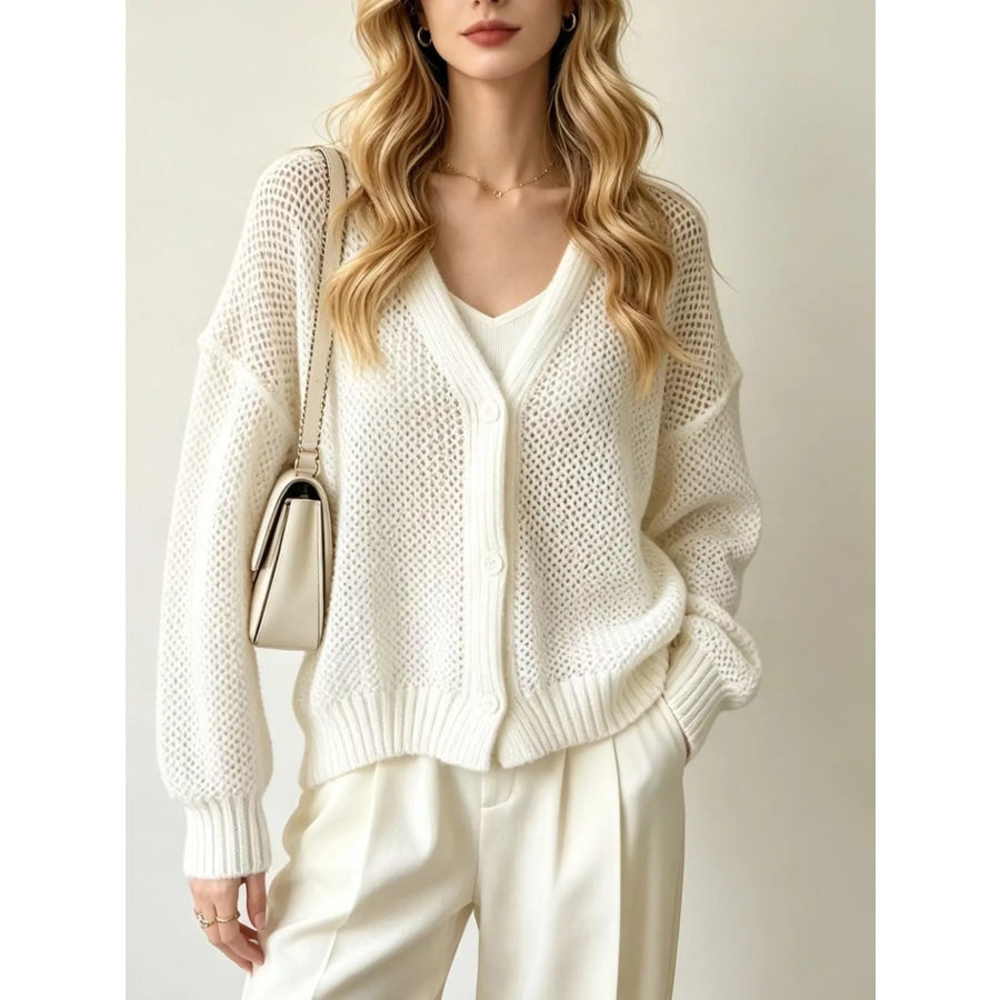 V-Neck Open-Knit Button-Down Cardigan White / S Apparel and Accessories