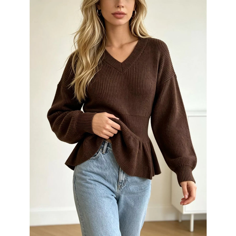 V-Neck Peplum Hem Ribbed Knit Top Apparel and Accessories