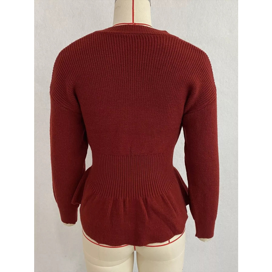 V-Neck Peplum Hem Ribbed Knit Top Apparel and Accessories