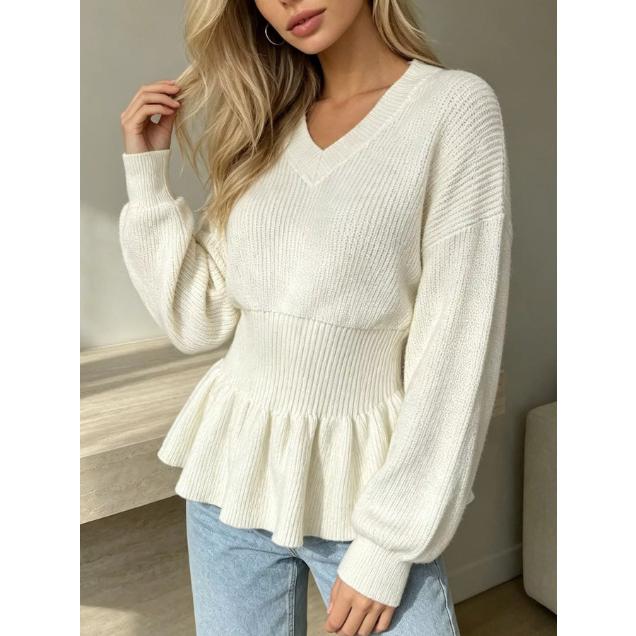 V-Neck Peplum Hem Ribbed Knit Top Apparel and Accessories