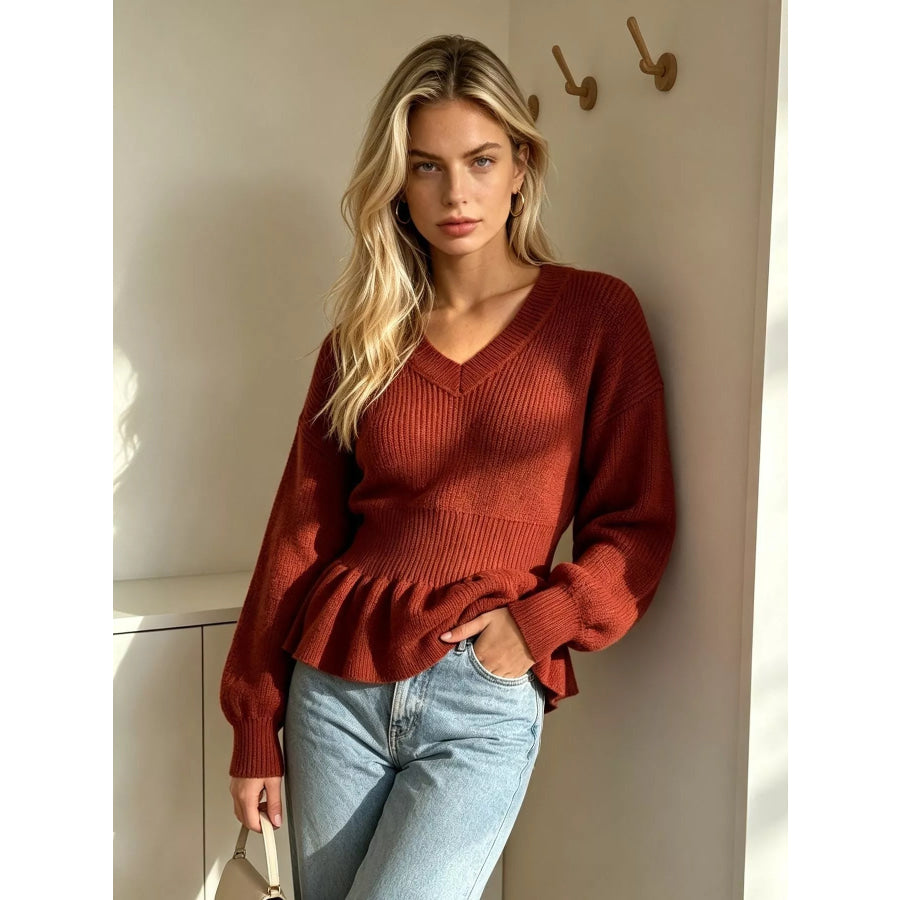 V-Neck Peplum Hem Ribbed Knit Top Apparel and Accessories