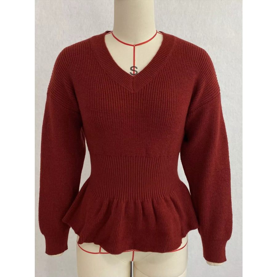 V-Neck Peplum Hem Ribbed Knit Top Apparel and Accessories