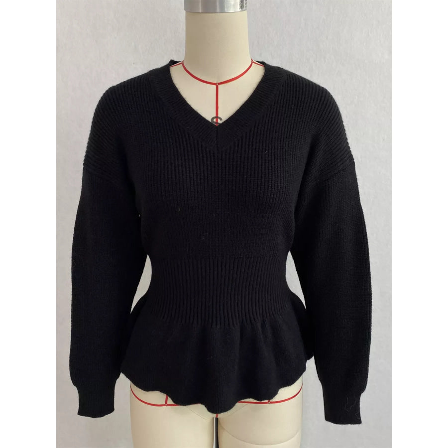 V-Neck Peplum Hem Ribbed Knit Top Apparel and Accessories