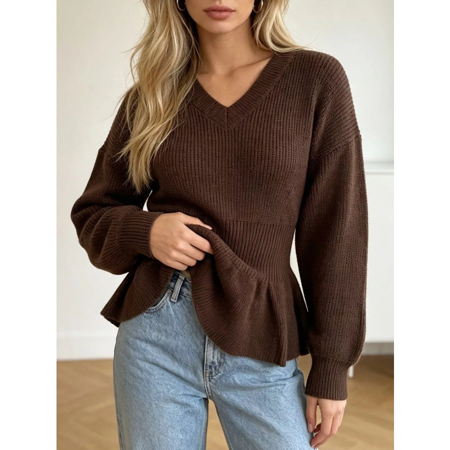 V-Neck Peplum Hem Ribbed Knit Top Apparel and Accessories